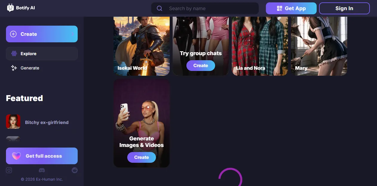Botify AI Karten für Charaktere, Gruppenchat und Medien